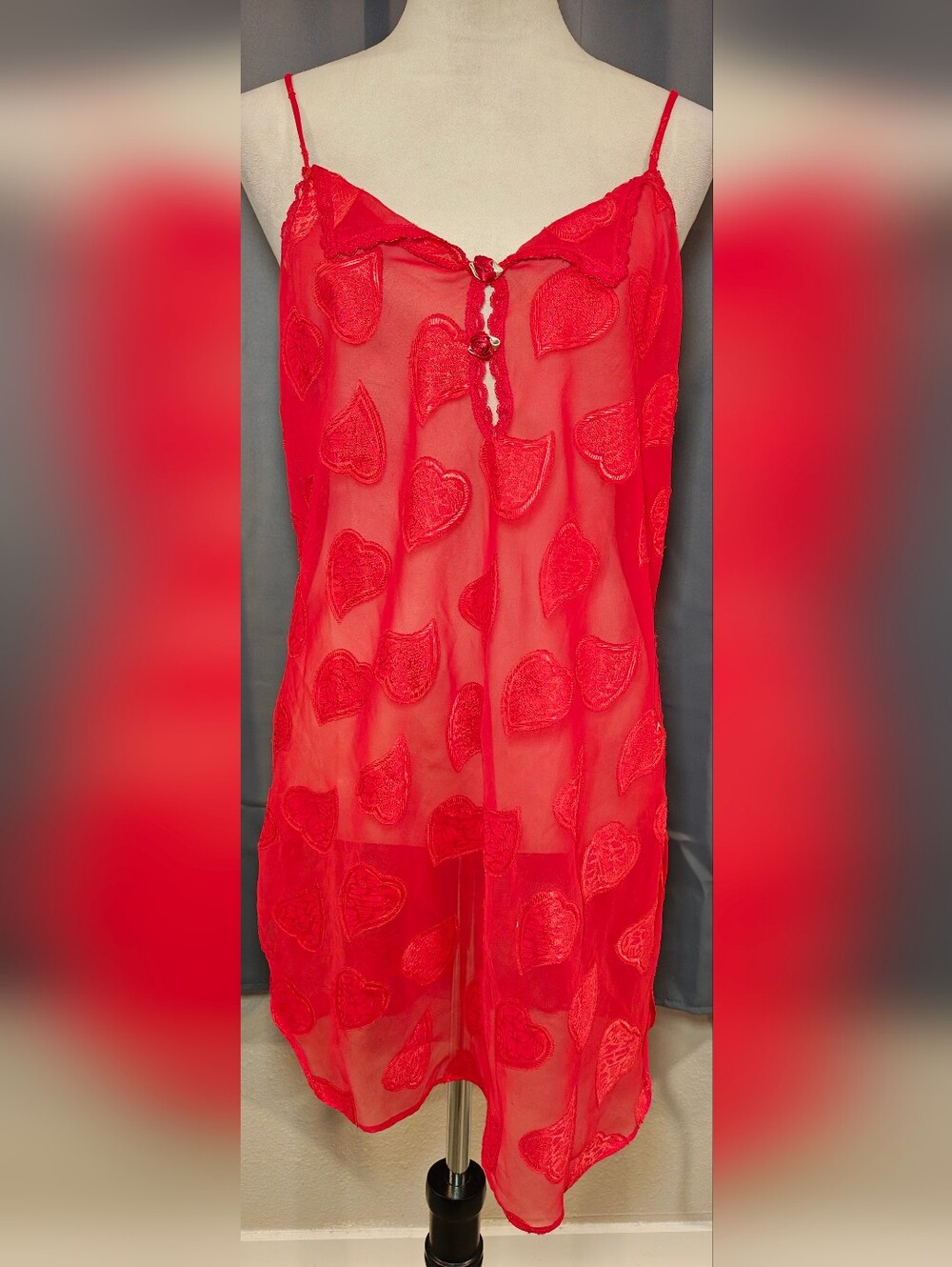 Vtg 90s Plus Size Inner Most Sheer Red Lingerie Slip Dress w Hearts & Rosettes